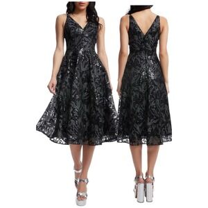 NWT‎ Dress The Population Elisa Sequin Fit & Flare Midi Dress Black Multi S $348
